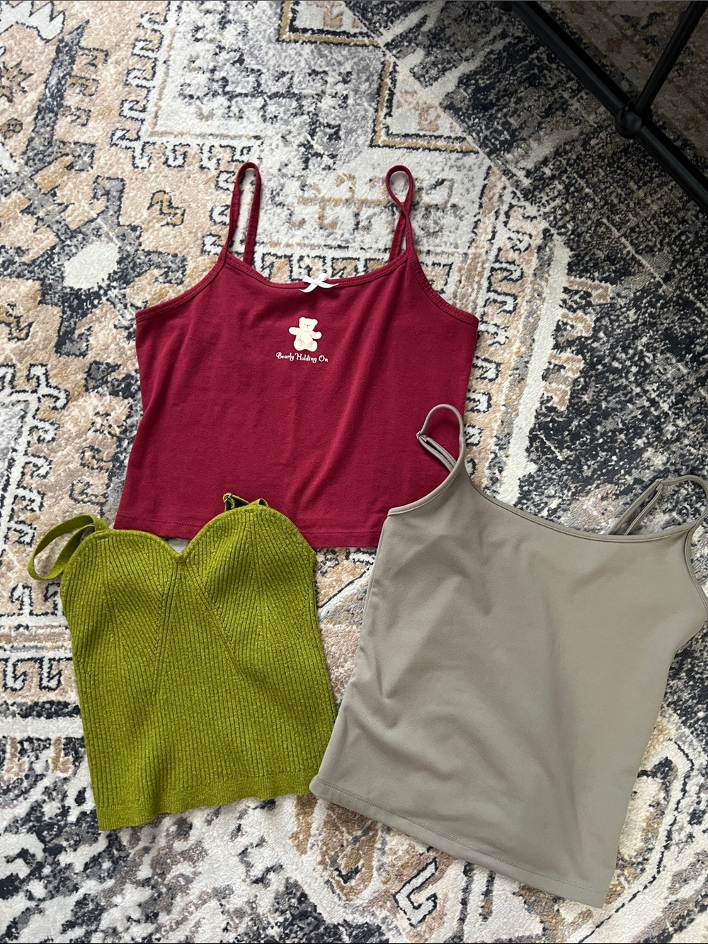 Small Set of 3 Lot of Burgundy, Olive, Taupe Ribbed & Smooth Camisole Tank Tops